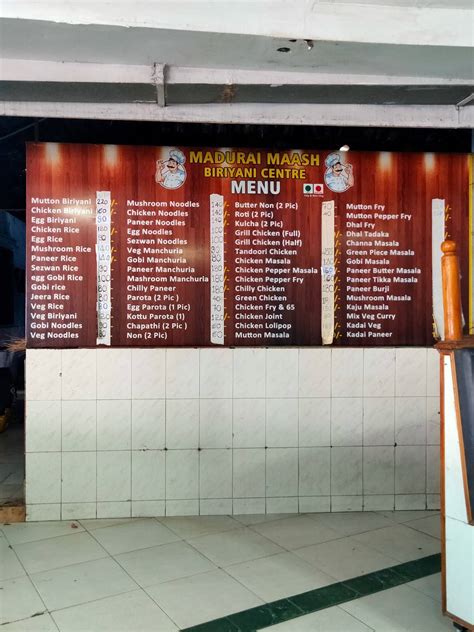 Menu at Madurai maash biriyani centre, Tirupati