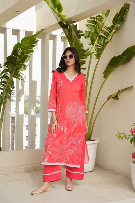 FLORAL PRINTED COTTON KURTA & PANT - HAND EMBROIDERED - SET OF 2 - CAR ...