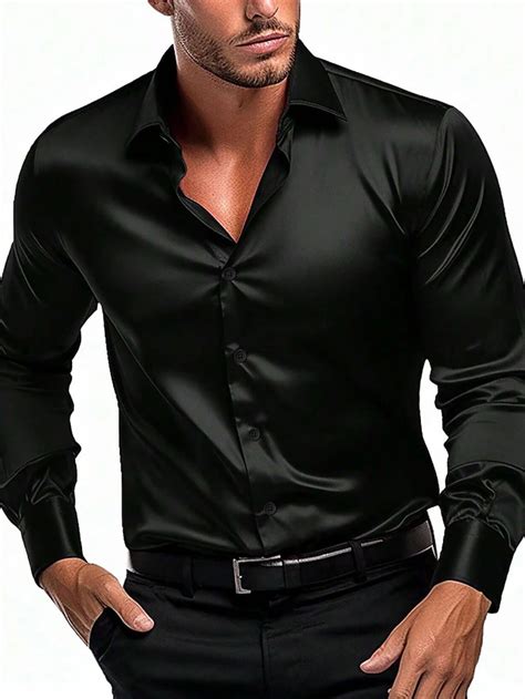 Men's Shirt Satin Shirt Casual Shirt Button Up Shirt Plain Daily ...