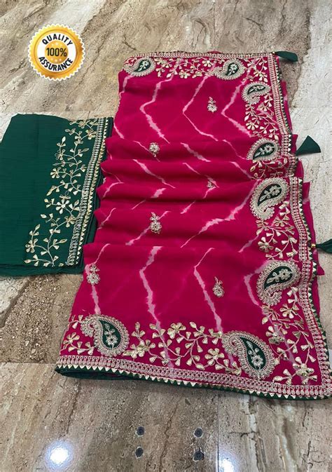 Shop Pure Georgette Leheriya Saree with Embroidery | Gota Patti Work ...