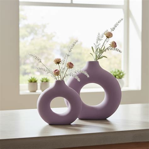 Set of 2 Decorative Purple Ceramic Vases – Donut Shape, Matte Finish ...