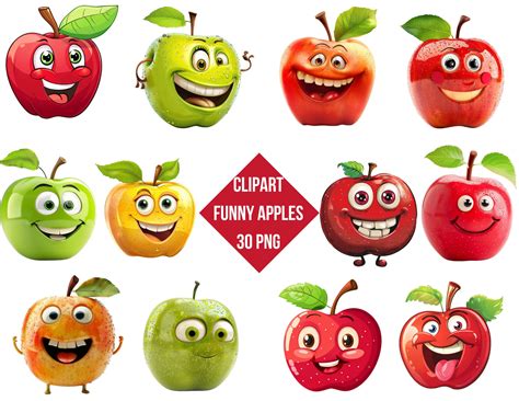 Funny Cartoon Apples Clipart | Playful PNG Illustrations (instant ...