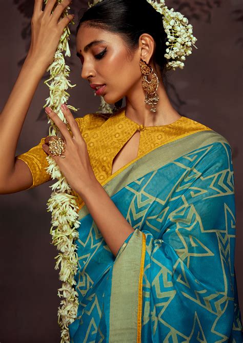 DEEP SKY BLUE WOVEN PURE BRASSO CHIFFON SAREE WITH BROCADE BLOUSE ...