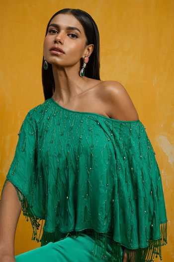 Buy Green Silk, Georgette, Satin Cut Work, Embroidered One-shoulder Top ...