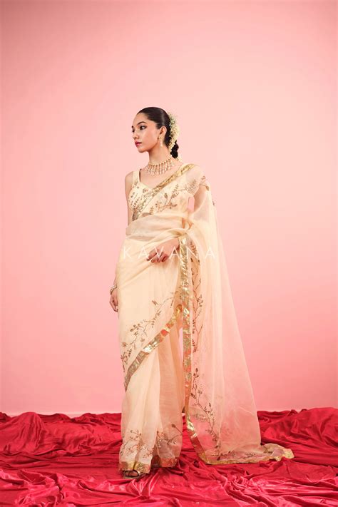 Handwoven silk organza sari with hand embroidery