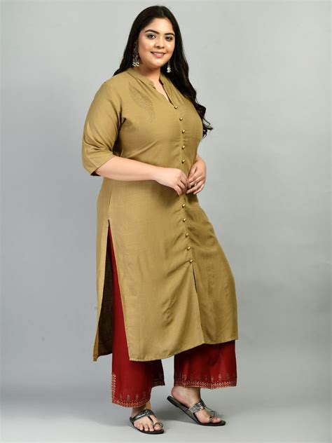 Plus Size Plus Size Mandarin Collared Beige Kurta – DESINOOR.COM