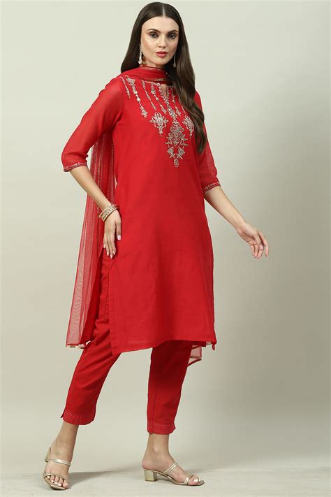 Red Art Silk Straight Kurta Slim Pant Suit Set at Biba India