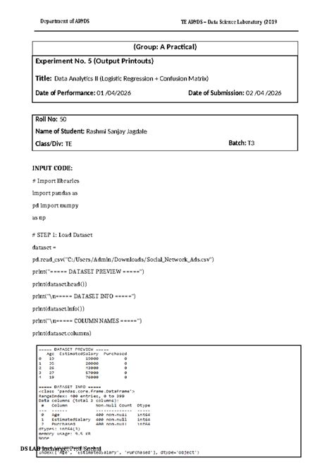 TE Data Science Lab (2019 Pattern) Practical A5: Logistic Regression ...