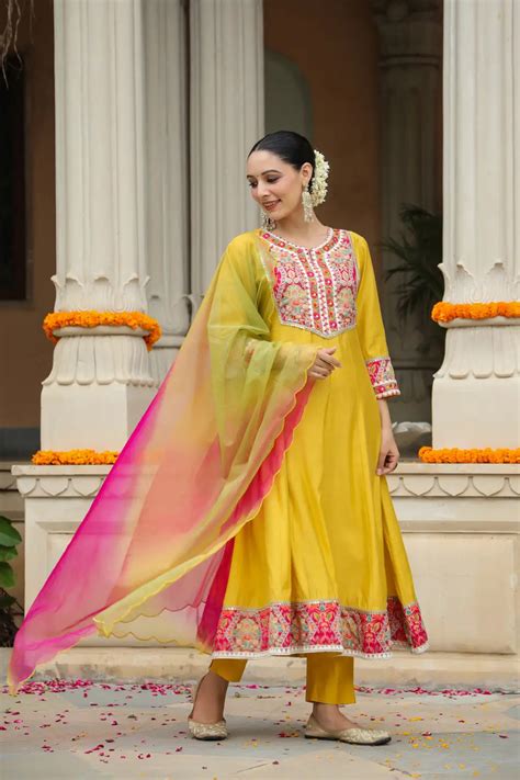 Stunning Mustard Anarkali Suit Set – Rain & Rainbow
