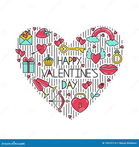 The Inscription Happy Valentine`s Day with Symbols and Black Lines Arranged in the Shape of a ...