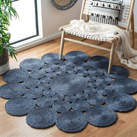 Round Blue Color Hand Braided Home Decorative Area Rug Living room Area rug Indoor Outdoor ...