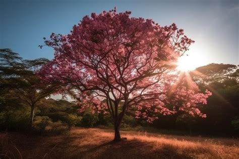 See related image detail. Premium AI Image | A pink tree in a field with the sun shining through ...