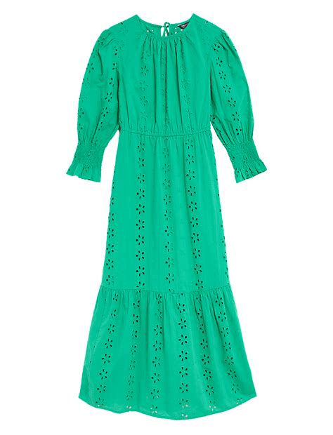 Buy Pure Cotton Broderie Midi Waisted Dress at Marks & Spencer