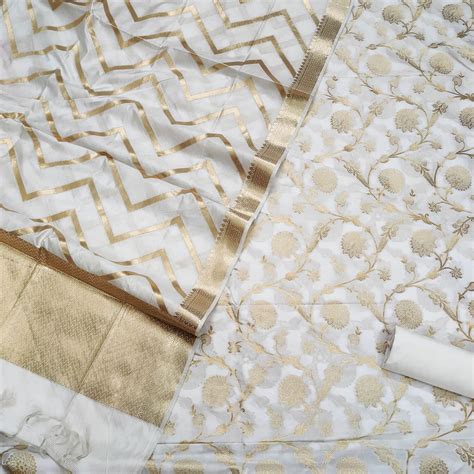 White Dyeable Golden Zari Katan Silk Banarasi Suit – Mohsin Textiles