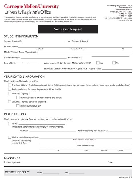 Carnegie Mellon Verification Request Form - Blank Fillable Template ...