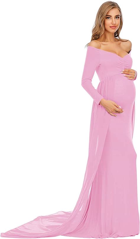 Buy ZIUMUDY Maternity Off Shoulder Long Sleeve Fitted Gown Maxi Chiffon ...
