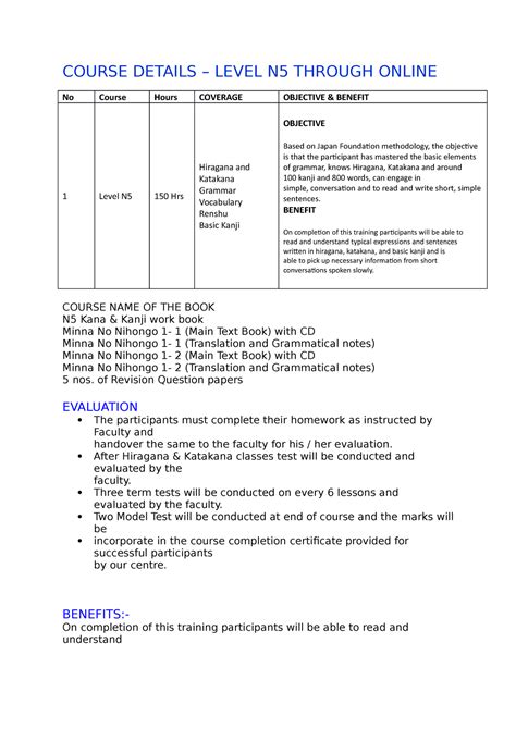 Japanese Language Training-JLPT N5 - COURSE DETAILS – LEVEL N5 THROUGH ...