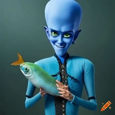 Megamind holding a fish and showing it to the camera on Craiyon