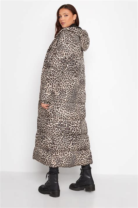 LTS Tall Womens Beige Brown Leopard Print Longline Puffer Coat | Long ...