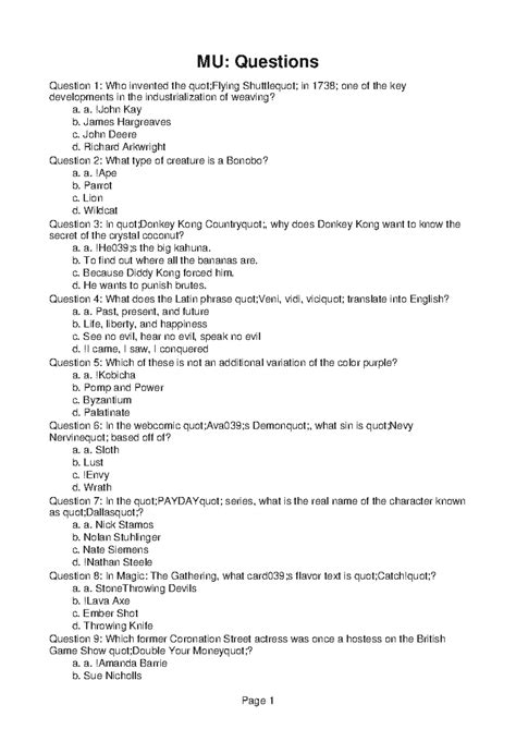 MU309 Report 5 - MU: Questions Question 1: Who invented the quot;Flying Shuttlequot; in 1738 ... - invented questions