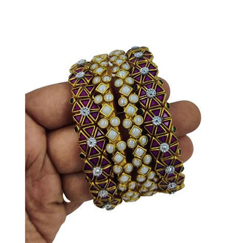 Yaalz Silk Thread Kundan Stone Partywear Bangle Set In Deep Yellow & C