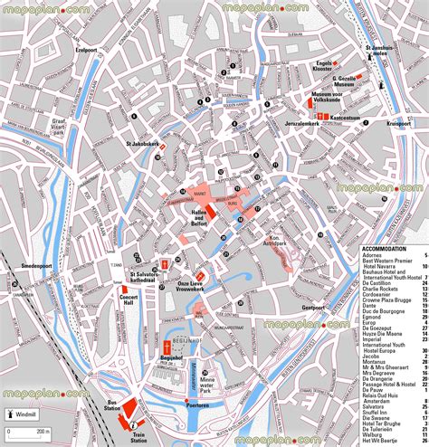 Bruges map - Central Bruges (Brugge) hotels and accommodation map with downtown city attractions ...