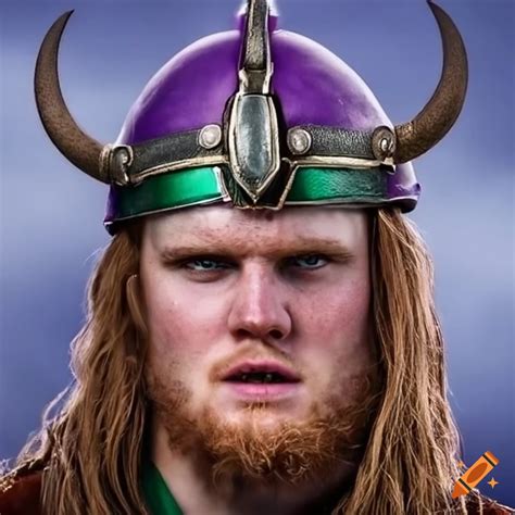 Sam Darnold in Viking attire with a purple Viking helmet on Craiyon