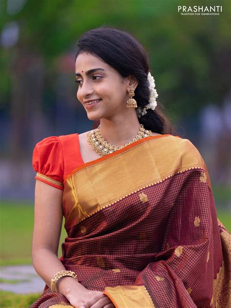 Re - Pure kanjivaram silk saree deep maroon and orange with allover sm ...