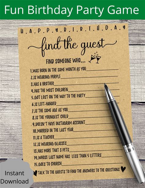 Adult Birthday Party Games, Find the Guest Birthday Games, 20th, 25th ...