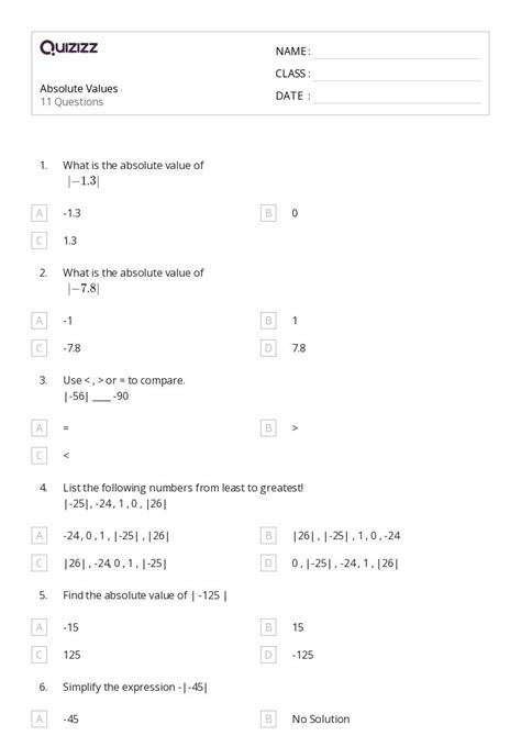 Image result for 7th Grade Absolute Value Worksheets