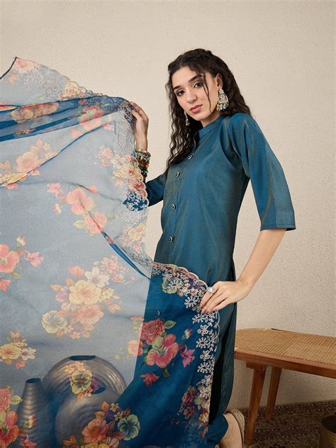 Binita Teal Blue Silk Blend Women Ethnic Suit Sets – VredeVogelStore