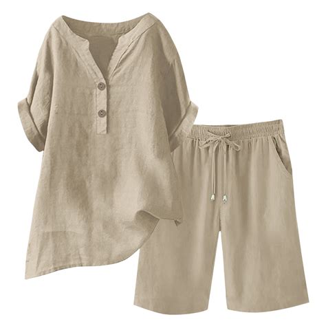 Linen Sets for Women 2 Piece Short Sleeve Shirts & Wide Leg Shorts ...