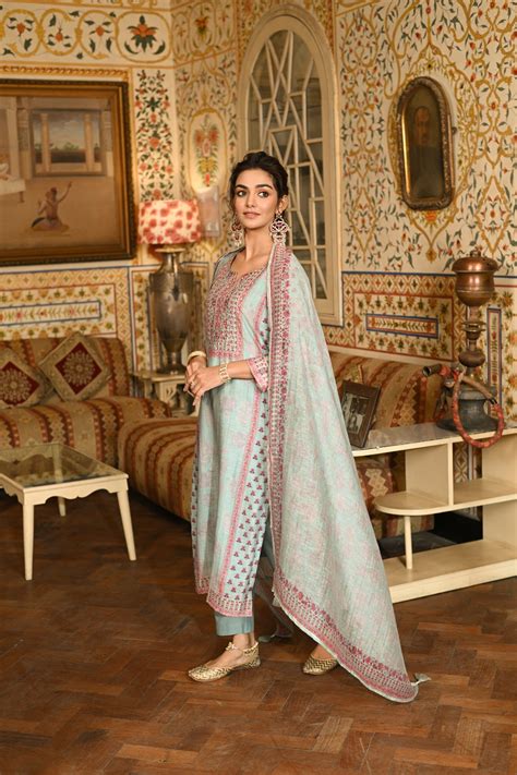 Blue Block Print Chanderi Suit – Mahee Jaipur