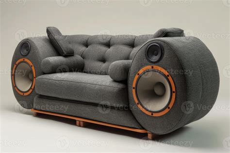 Comfortable gray sofa with built in large audio speakers embracing ...