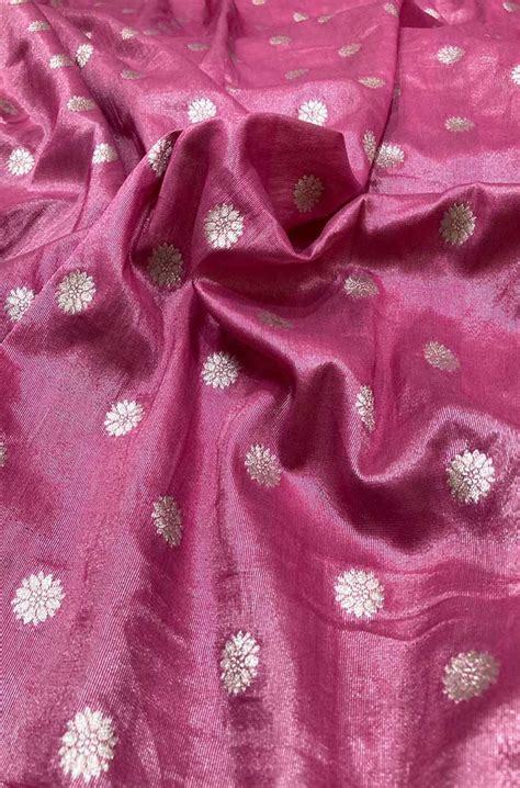 Pink Banarasi Tissue Silk Zari Booti Fabric: Exquisite 1 Mtr Length