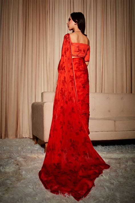 Dohr | Red organza floral printed saree with blouse | Amina – Dohr India