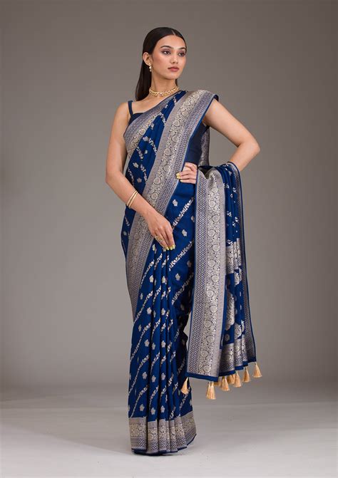 Buy Navy Blue Zariwork Semi Crepe Saree - Koskii