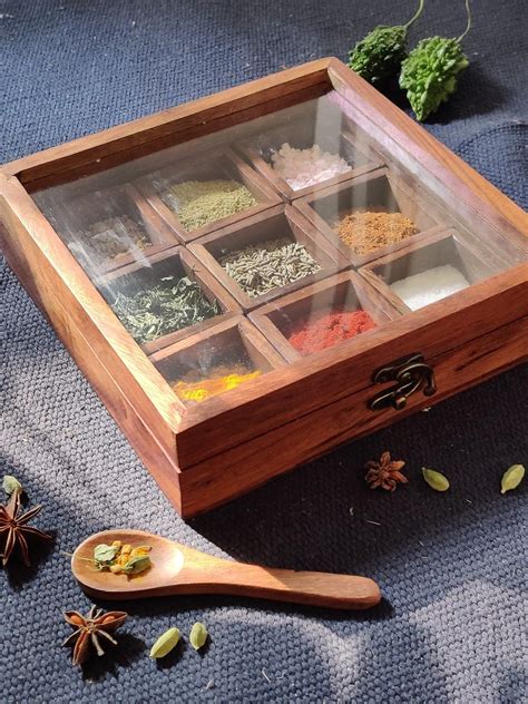 Buy PALAASHE 9 in 1 Masala Box For Kitchen | Wooden Masala Box ...