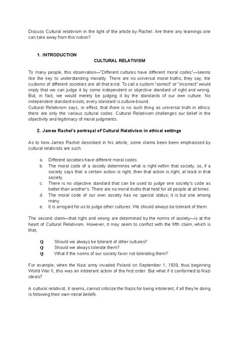 Cultural Relativism in Ethics: Insights from Rachel's Article Analysis ...