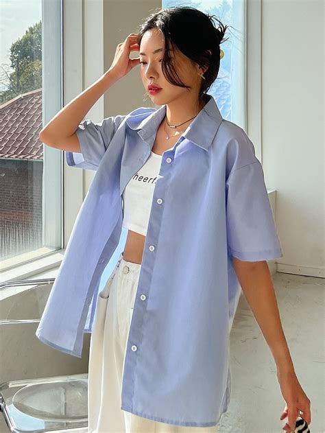 Drop Shoulder Button Up Blouse | Shirt outfit women, Blue shirt outfits ...