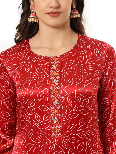 Maroon Gajji Silk Bandhani embroidered Kurta with Trousers with dupatt ...