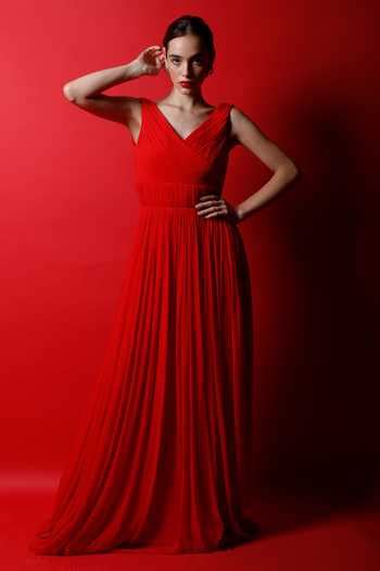 Buy Red Georgette Solid V Neck Pleated Gown For Women by Swatee Singh ...