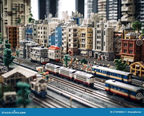 A Miniature Imaginary City Built from Plastic Bricks. Residential and Commercial Buildings are ...