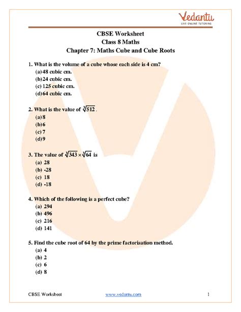 CBSE Class 8 Maths Worksheets: Cube and Cube Roots - Studocu