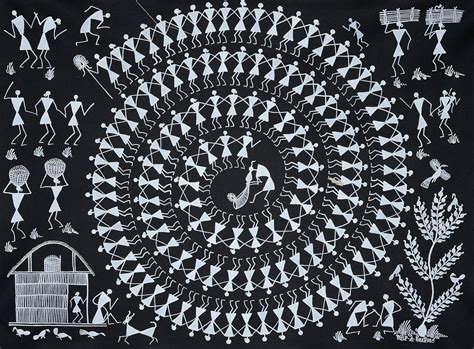 Exotic India Warli's Village Life - Warli Painting On Cotton Fabric ...