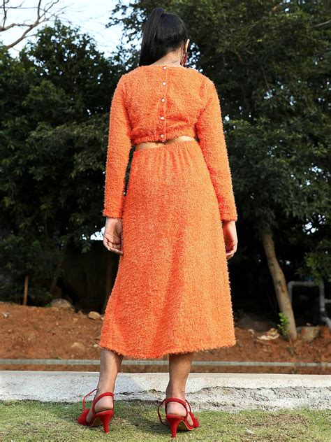 Campus Sutra Women's Orange Sherpa Cut-Out Dress - Campussutra