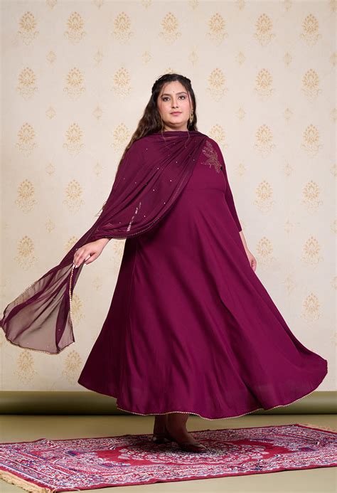 Plus Size Wine Embellished Anarkali with Dupatta – DESINOOR.COM