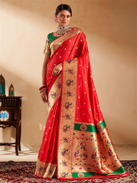 Candy Apple Red Paithani Festive Saree – TrendOye