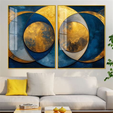 Golden Abstract Modern Circle Acrylic Floating Wall Painting Set of Tw ...