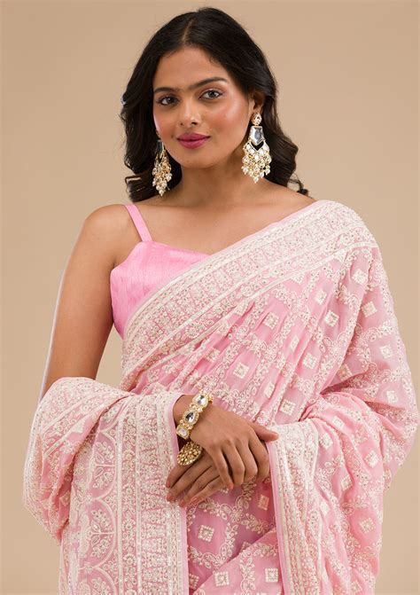 Buy Baby Pink Threadwork Georgette Saree - Koskii